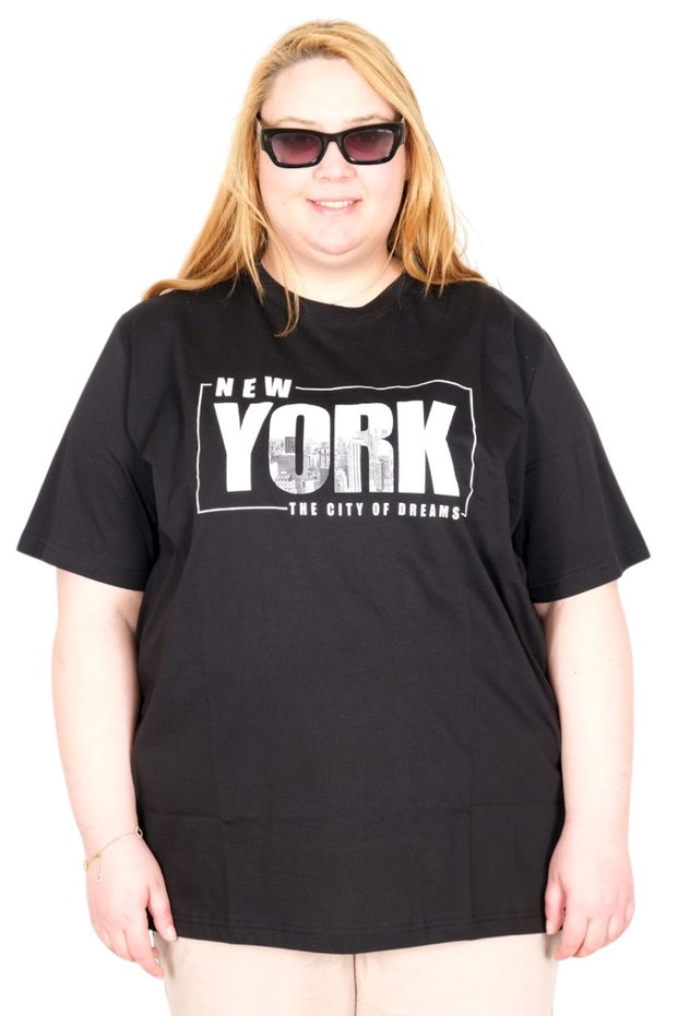 Mode XL Real Big Size Women's T-Shirt Bis Collar New York U26119 Black
