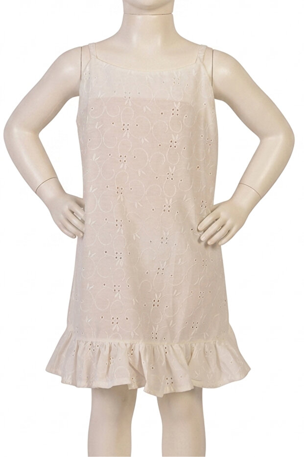 Girl's Home Dress with Adjustable Straps, Cream Cotton