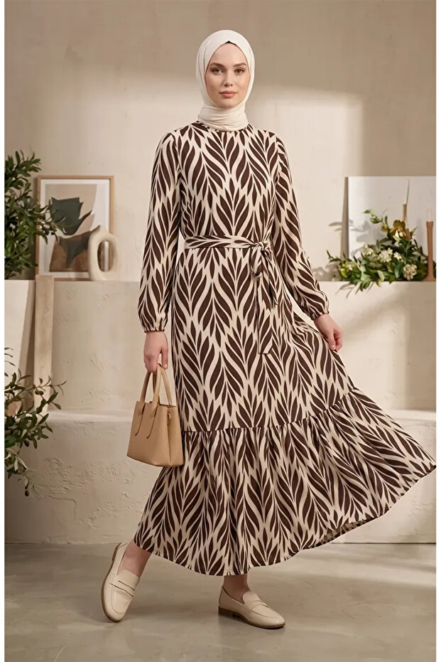Bürümcük Fabric Gathered Belted Dress 0501-02 Brown Ecru