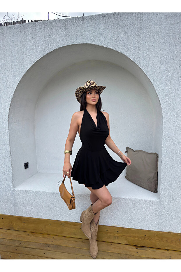 Black Degaje Collar Halter Neck Mini Dress