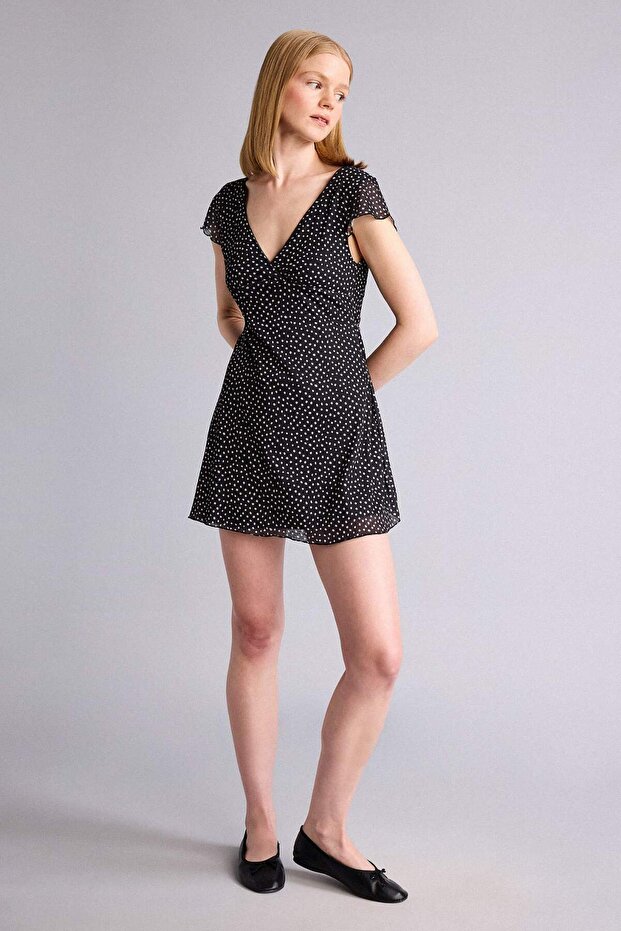 V-Neck Polka Dot Short Sleeve Mini Dress H1964Ax26Sp
