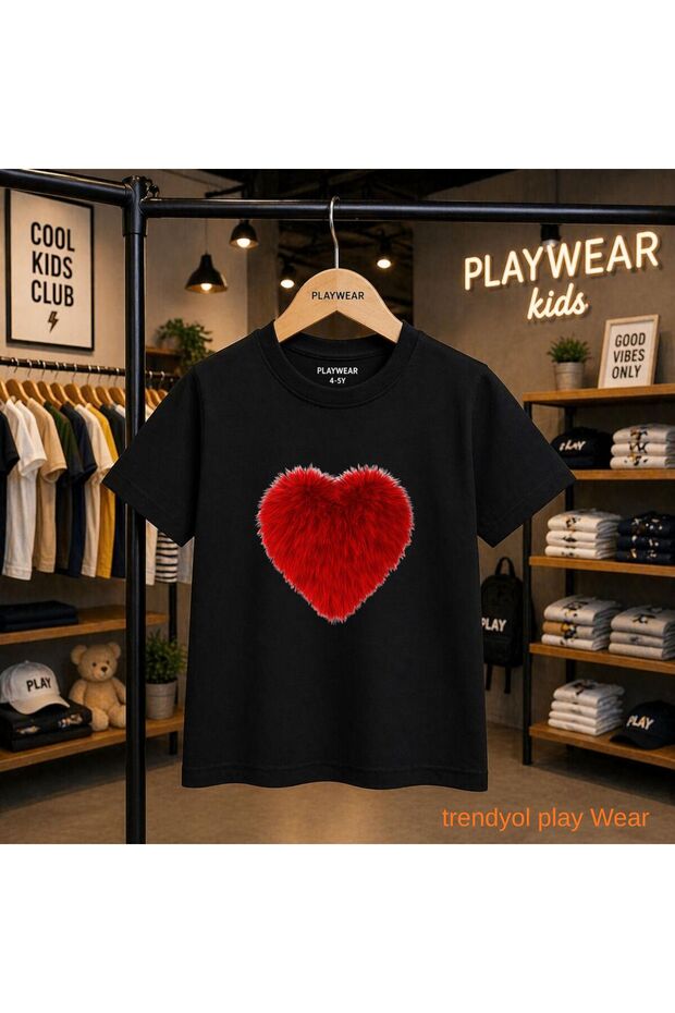 Red Pufuduk Heart Printed 100% Children's Unisex T-Shirt 5 6 -7 8-9 10 -11 12 Years Old