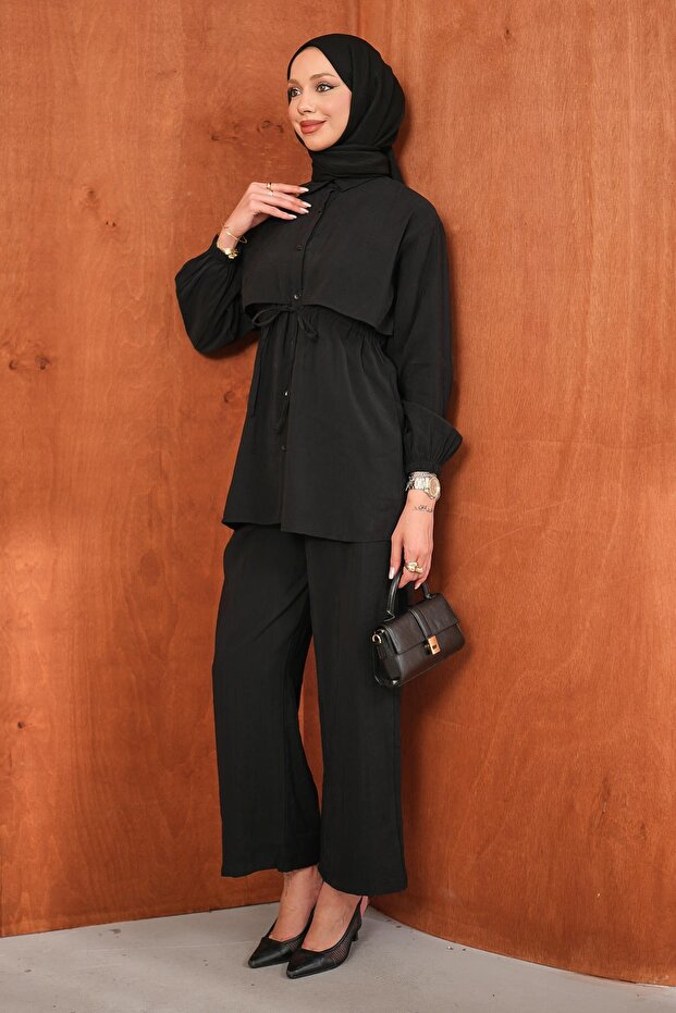 Black Waist Tie Tunic Trousers Suit