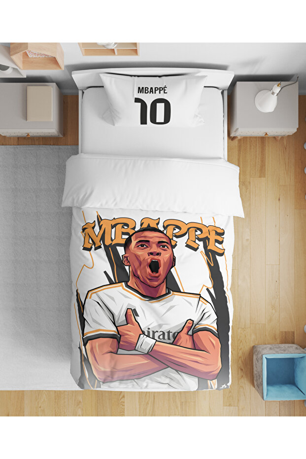 Mbappe Football Patterned 3D Digital Printed Single Youth Boy's Duvet Cover Set Without Sheets