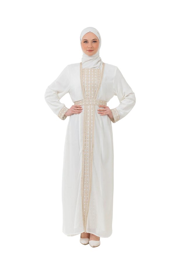Hijab Evening Dress Palestinian Heritage Embroidered Two-Piece Abaya Set with Inner Dress and Belt