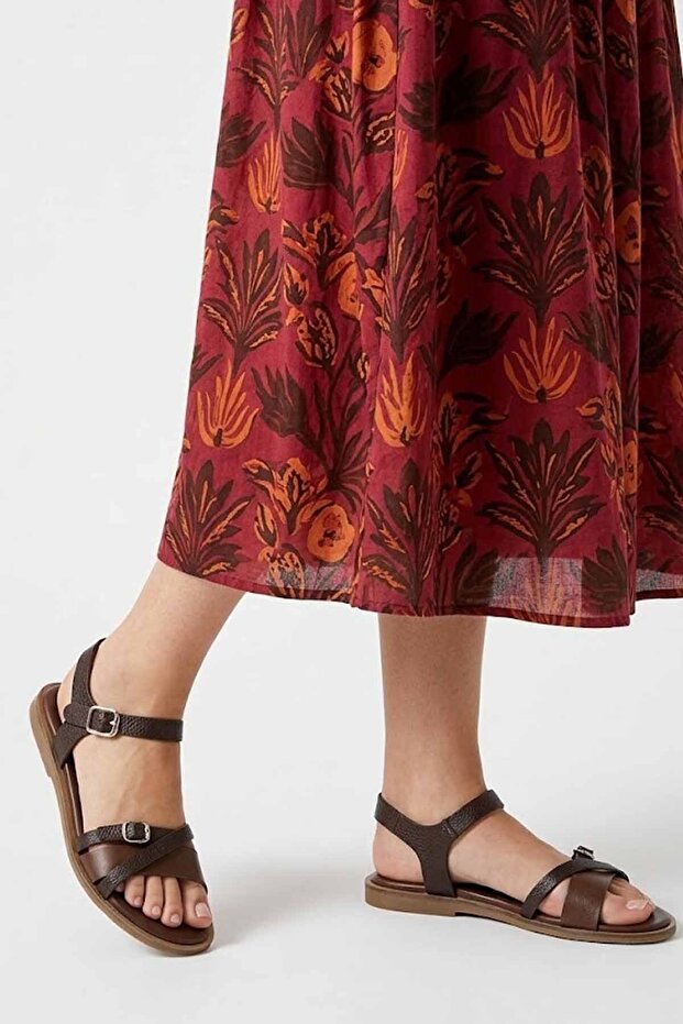 Leather Brown Women's Sandals - Buckle-Strap Casual Comfortable Sole Summer Shoes
