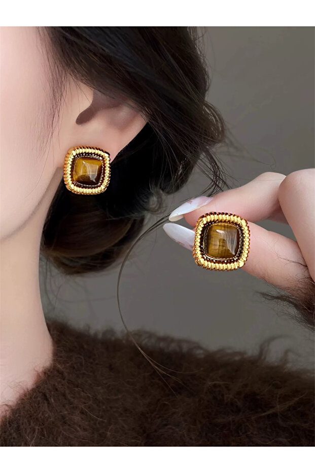 Tiger's Eye Natural Stone Look Vintage Earrings