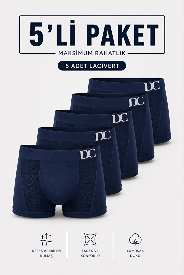 Men's Boxer 5-Pack Daily Comfort Micro Perforated Breathable Seamless Flexible Navy Blue Set