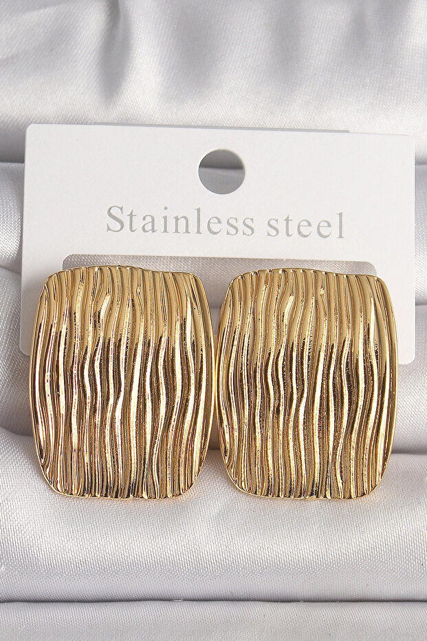 Brass Gold Color Embroidered Square Plate Model Women's Earrings