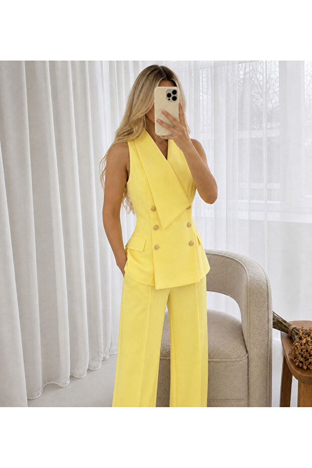Double-Breasted Collar Gold Buttoned Vest Trousers Blazer Suit