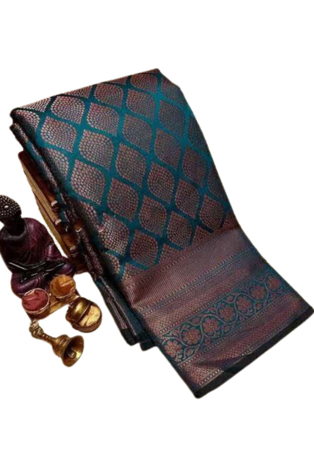 Teal Lichi Silk Saree with Copper Jacquard Pallu - MAF3099 | Teal