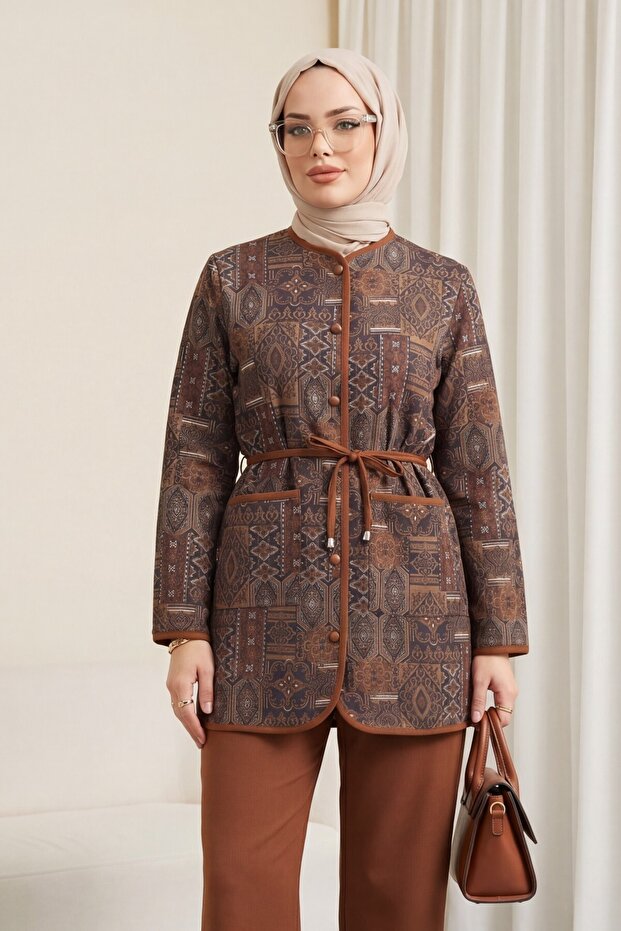 Top with Buttons, Pockets, Belt, Patterned Pants Dabıl Set - Tan
