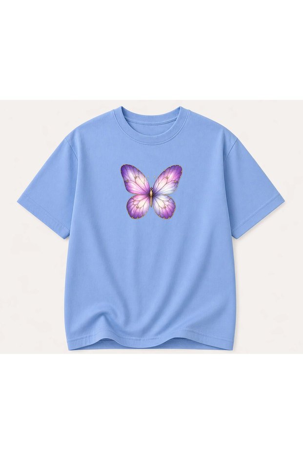 Purple Butterfly Print Detailed Women's Crew Neck Cotton T-Shirt