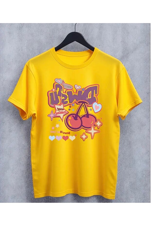Round Neck Double Cherry Printed 100% Cotton Oversize Girls' T-Shirt