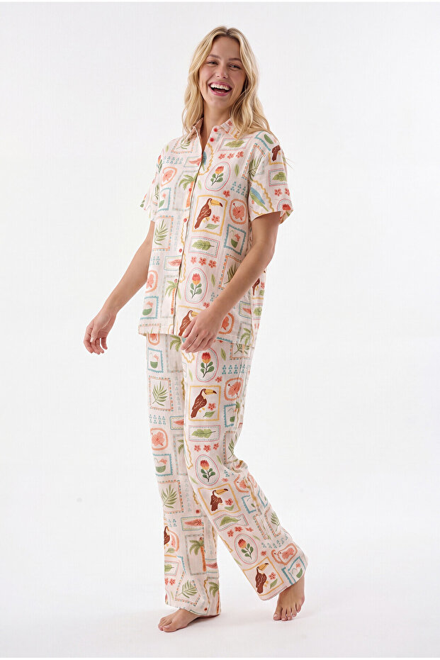 Yellow Seaside Front Buttoned Pajama Set - 2