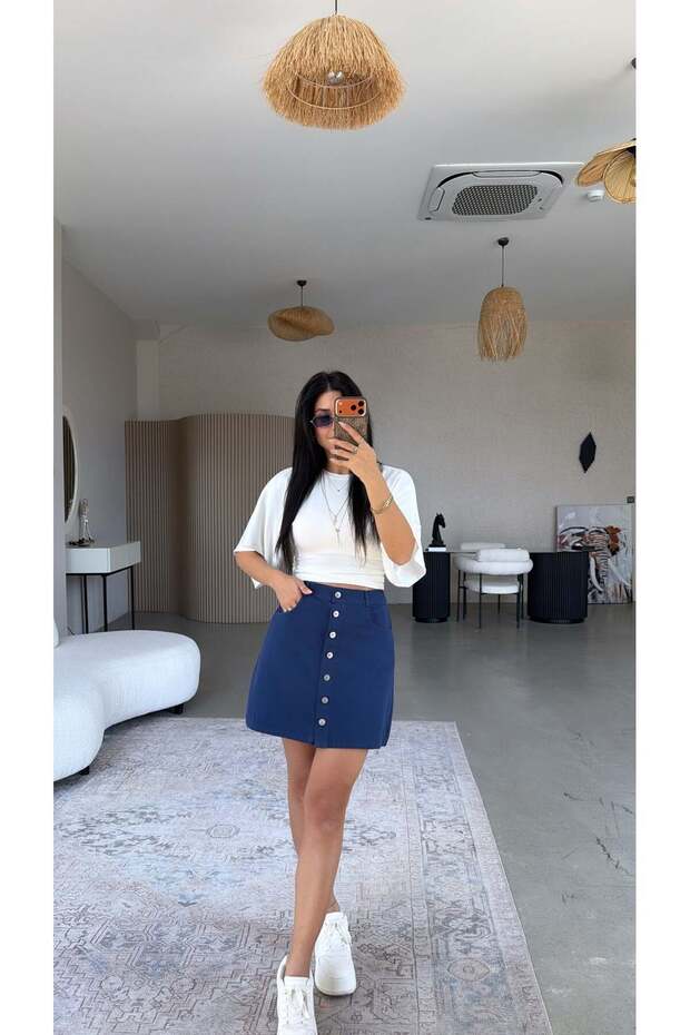 Navy Blue Thin Gabardine Buttoned Skirt