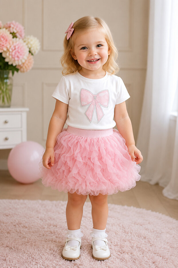 Girl's Set with Bow Patterned Balloon Skirt