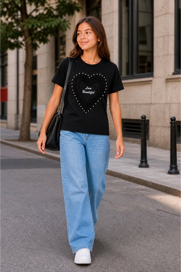 Star 22605-26 Girl's Heart Printed Stone Detailed Short Sleeve T-Shirt