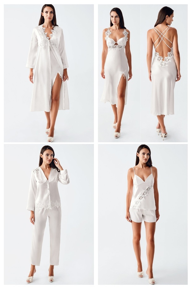 Women's Satin Lace 6-Piece Dowry Nightgown, Dressing Gown, Pajama Set Set 4000