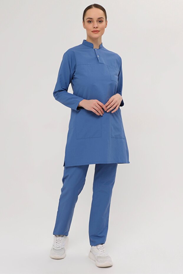 Nova Hakim Yaka Tesettür Indigo Blue Lycra-Free Thin Fabric Nurse Doctor Uniform Set