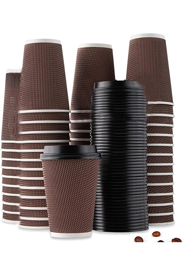 Brown Paper Ripple Hot Coffee Cups with Secure Sipper Lids (12oz, 10 Pack)