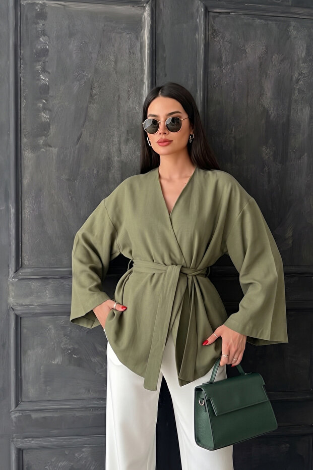 Oversize Linen Kimono with One Button Belt