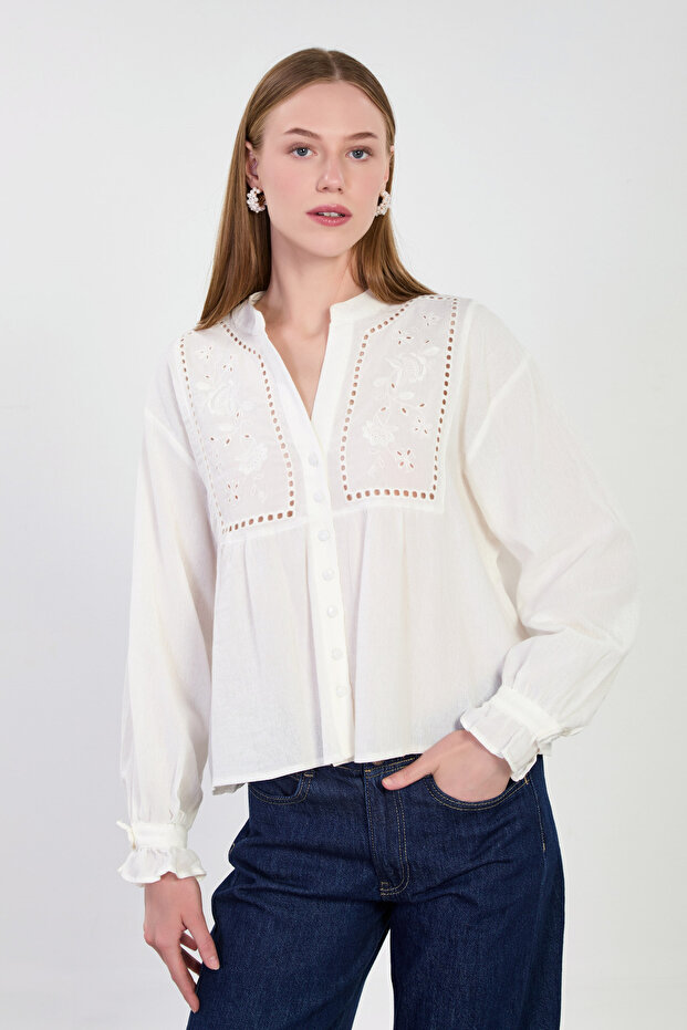Women's Judge Collar Blouse with Embroidery on the Front - Ecru