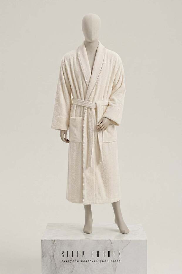 Women's Bathrobe 100% Cotton with Piping on the Edges, Durable, Soft, Ecru, Size S