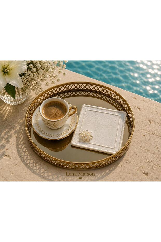 6 Embroidered Cocktail & Coffee Presentation Napkins with Pearl Brooches