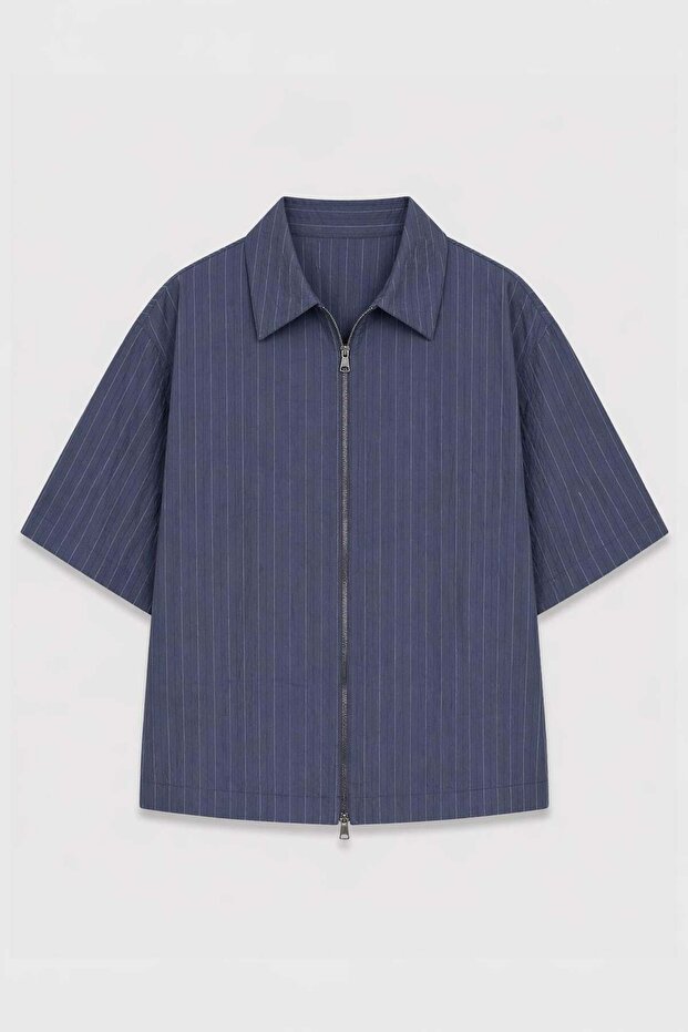 Lyocell Blend Striped Zipper Linen Shirt Indigo