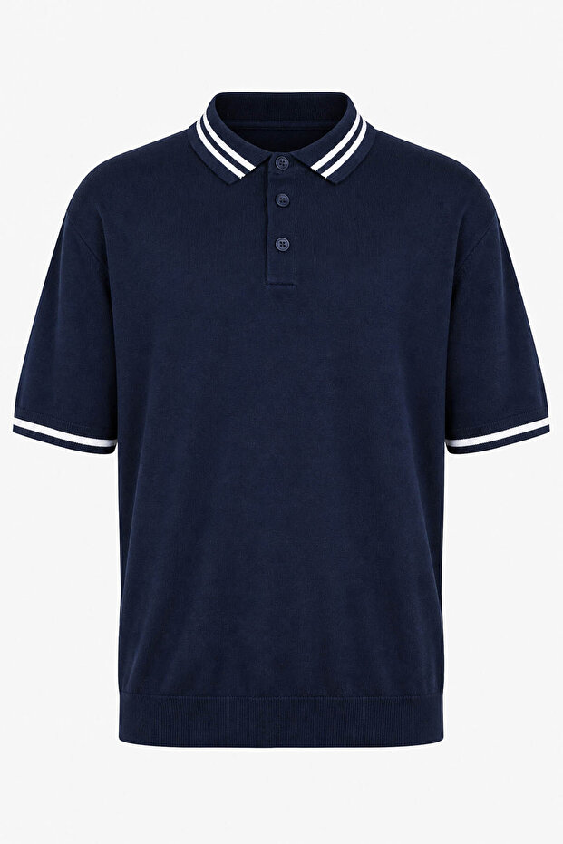Buttoned White-Navy Blue Men's Polo Collar T-Shirt 17351