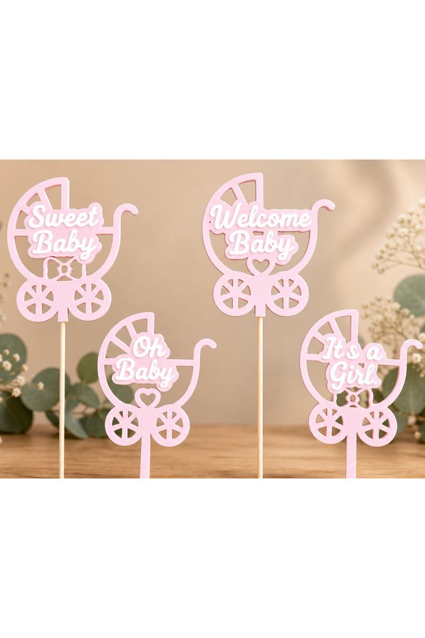 Baby Shower Cake Decoration Set Pink Baby Carriage Themed Toothpick Ornament Set of 4