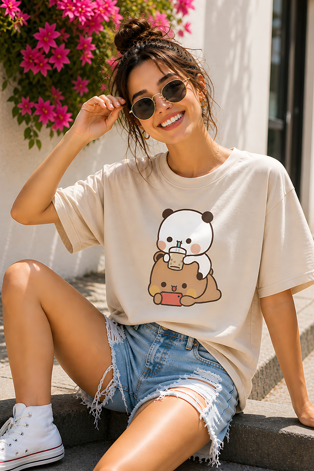 Bubu and Dudu Cute Teddy Bear Printed Unisex Oversize T-Shirt – Cotton Crew Neck T-Shirt