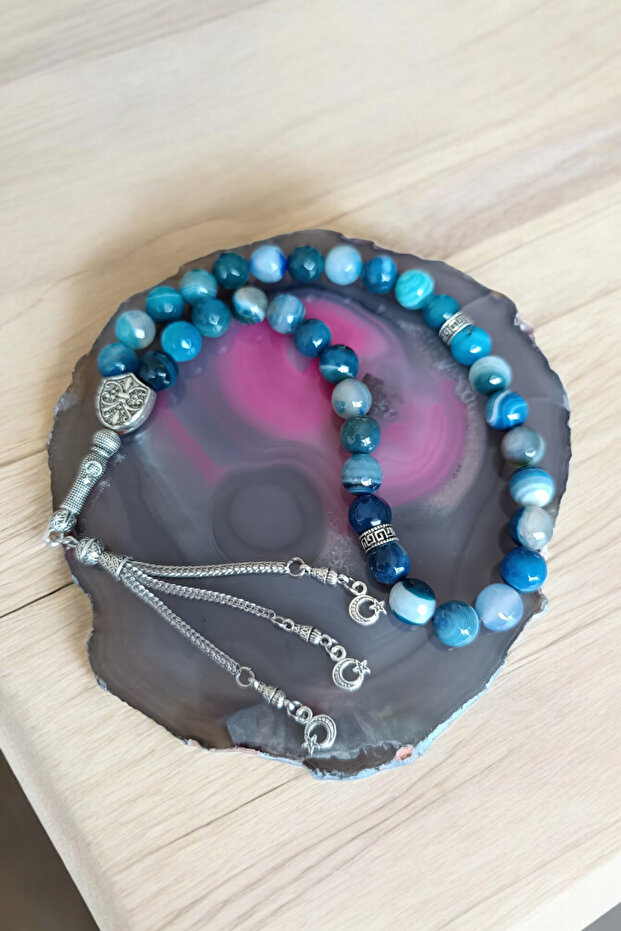 Blue Agate Prayer Beads 33-Piece Prayer Beads Agate Stone Prayer Beads Certified Special Mdf Box 10mm Large Size