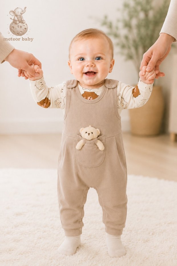 Baby Girl/Boy Set with Teddy Bear Patterned Overalls, 2-Piece Seasonal Baby Set