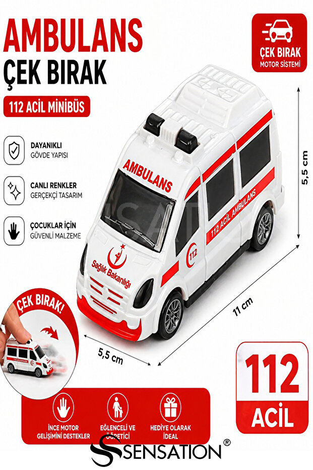 Ambulance-Fire Department-Police-Gendarmerie Car Pull and Drop 1-Piece Vehicle Set - 112 Emergency Minibus 11X4,5 cm - 1 Piece Vehicle