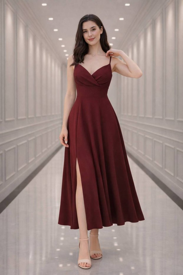 Women's Slit Detail Double Breasted Collar Strap Pleated Flounce Midi Length Evening Dress