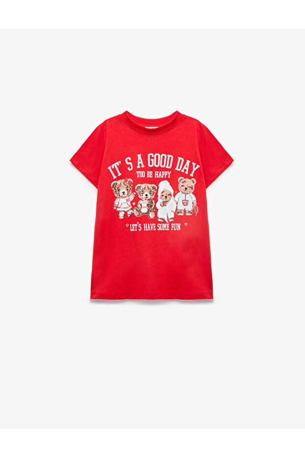 Cotton Crew Neck Short Sleeve Teddy Bear Printed T-Shirt