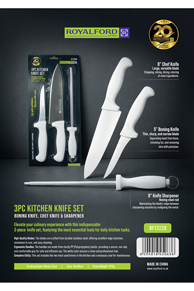 3pcs Kitchen Knife Set RF13228 Includes 5" Boning, 8" Chef Knives and 8" Sharpener