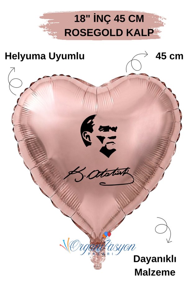 18-Inch Rose Gold Heart-Shaped Foil Balloon | Featuring Atatürk | Atatürk's Signature | Helium-Compatible