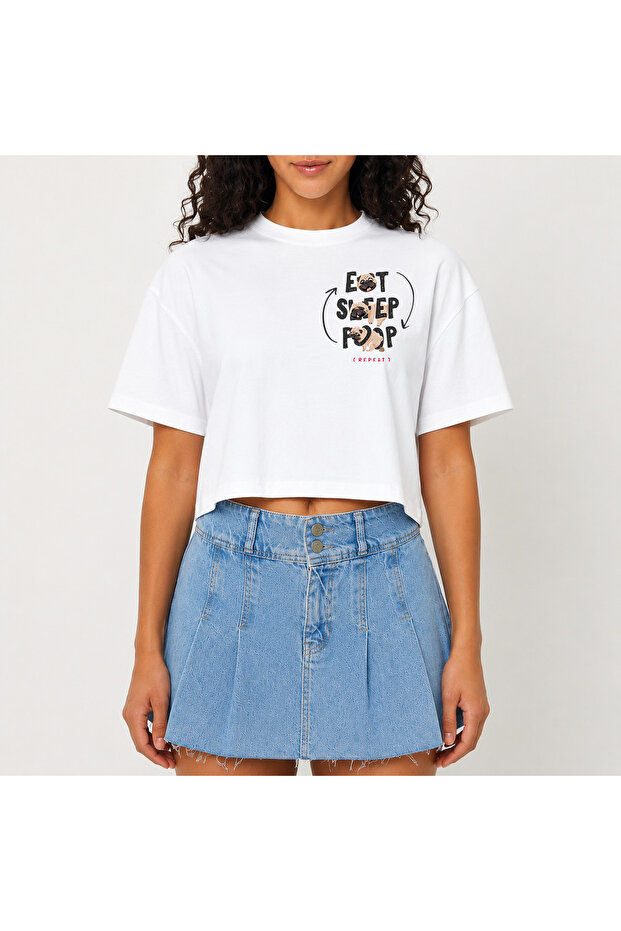 Crop T-Shirt White Printed Relaxed Fit Raw Cut Basic Short Tshirt