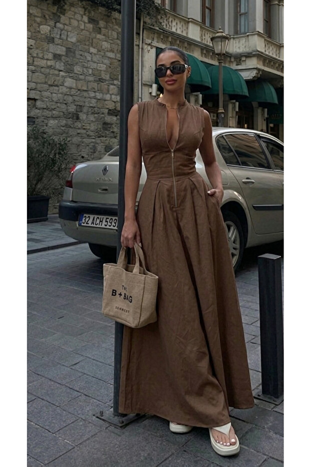 Brown Half-Zip Waist-Slit Dress - 2025187