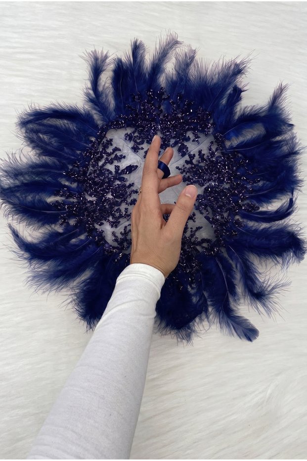 Navy Blue Bridal Handkerchief, Decorated with Glass Beads and Feathers, Groom Wedding Henna Circumcision Engagement Bride Promise Bridesmaid