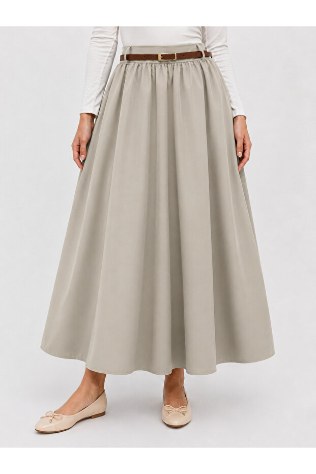 Drawstring Belt Detail Soft Skirt-Beige