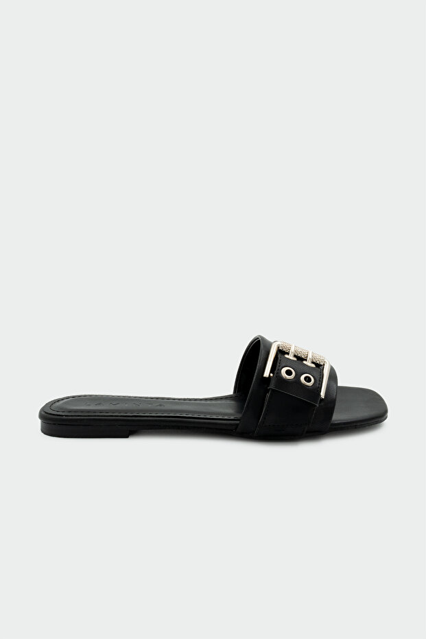 Calen Women's Black Flat Slippers with Buckle Detail