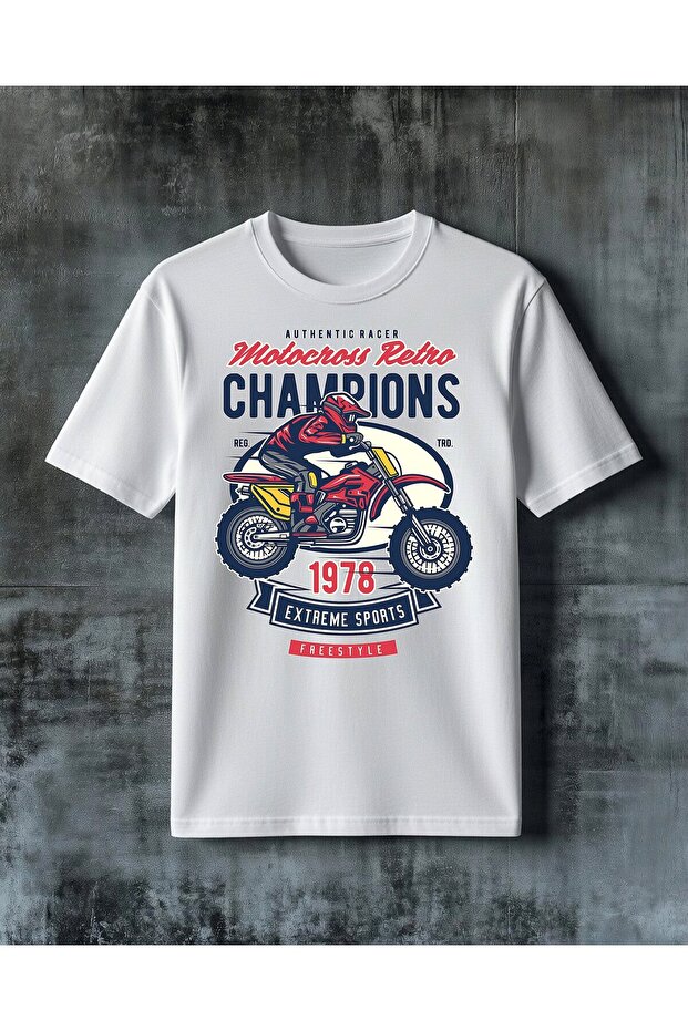 تي شيرت مطبوع عليه شعار motocross retro Champions مقاس كبير