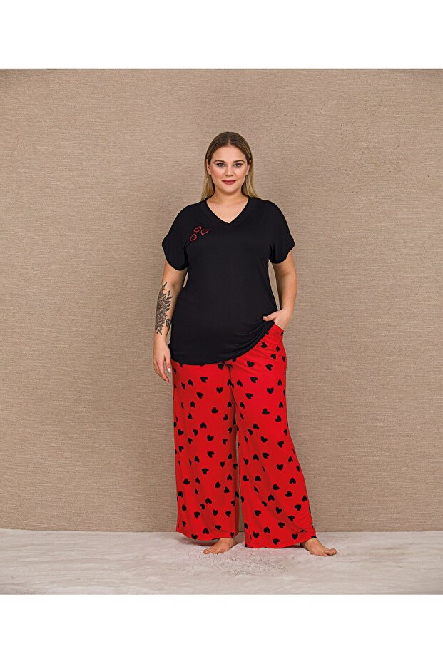 Patterned Short Sleeve Plus Size Pajama Set - 1
