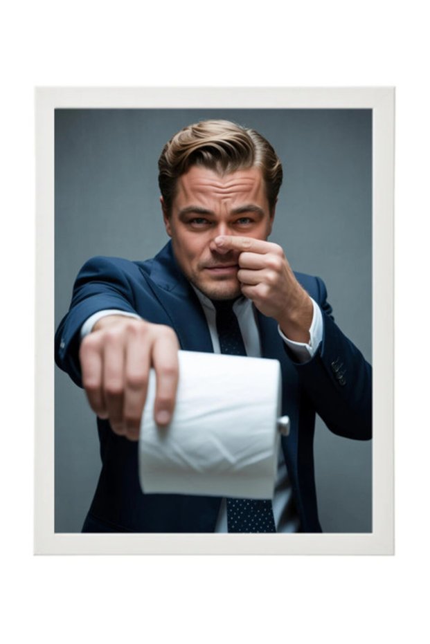 Leonardo Dicaprio Funny Bathroom Framed Poster 30x40 cm – Toilet Paper Humor Print – Modern Bathroom Decor, Gift Idea