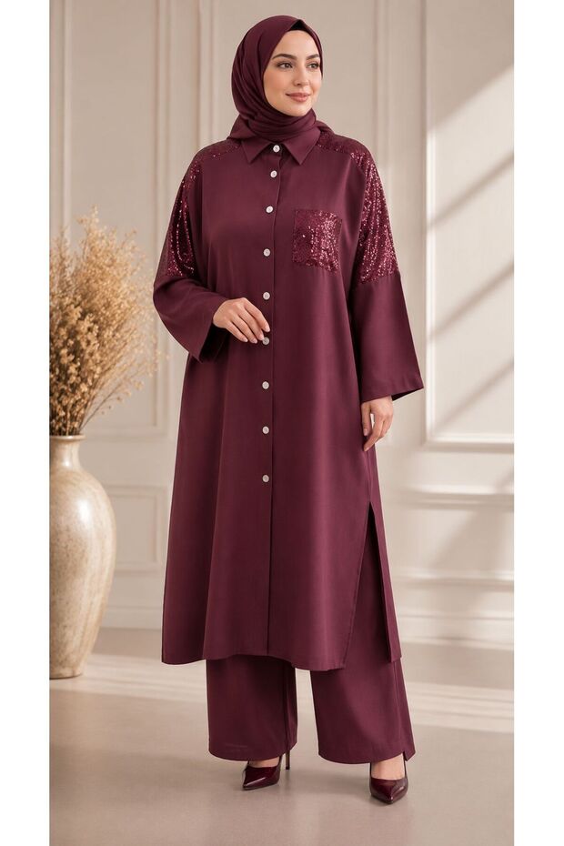 Modal Cupra Sequin Detailed Premium Trousers Tunic Set