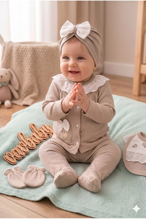 Baby Girl Teddy Bear Embroidered Cotton 5-Piece Hospital Discharge Set - Brown